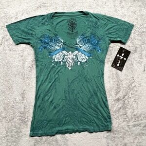 Vintage Y2K Regbel Saints by Afflication Womens Green‎ Shirt Guns Roses Sz Small